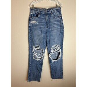 American Eagle Highest Rise Baggy Straight Jeans Size 12 Distressed Strigid